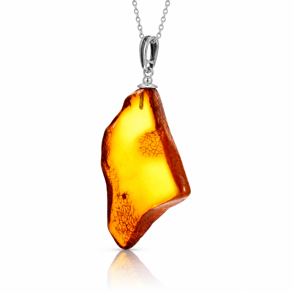 925 Sterling Silver & Genuine Cognac Baltic Amber Exlusive Unique Pendant - J-PD-46