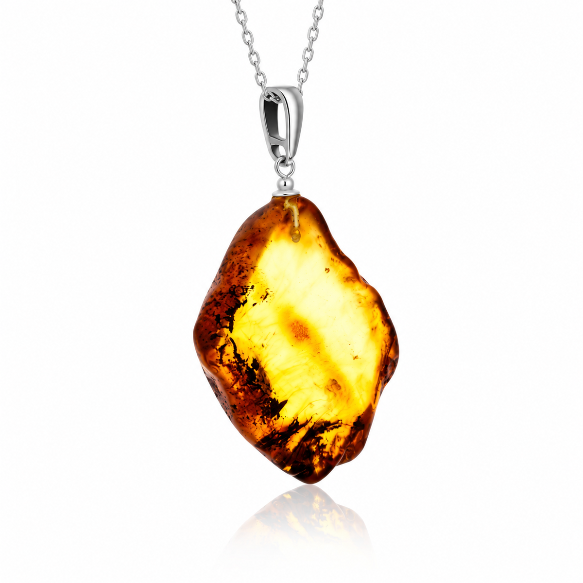 925 Sterling Silver & Genuine Cognac Baltic Amber Exlusive Unique Pendant - J-PD-49
