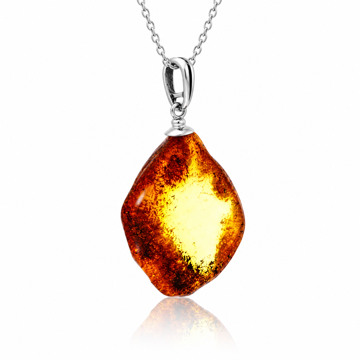 925 Sterling Silver & Genuine Cognac Baltic Amber Exlusive Unique Pendant - J-PD-52