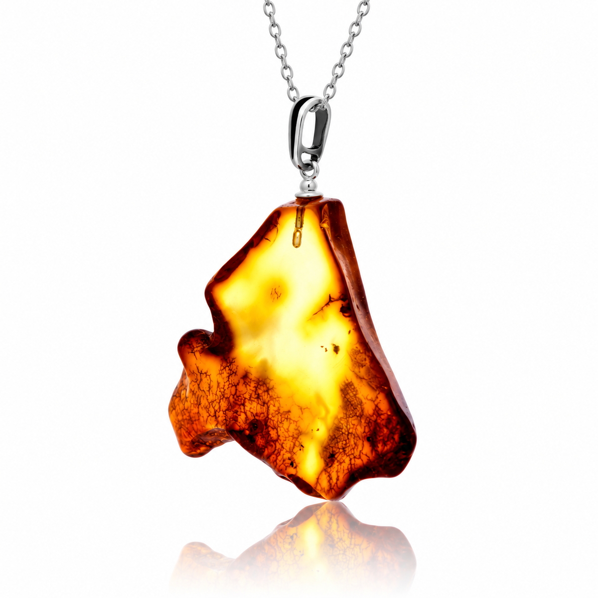 925 Sterling Silver & Genuine Cognac Baltic Amber Exlusive Unique Pendant - J-PD-53
