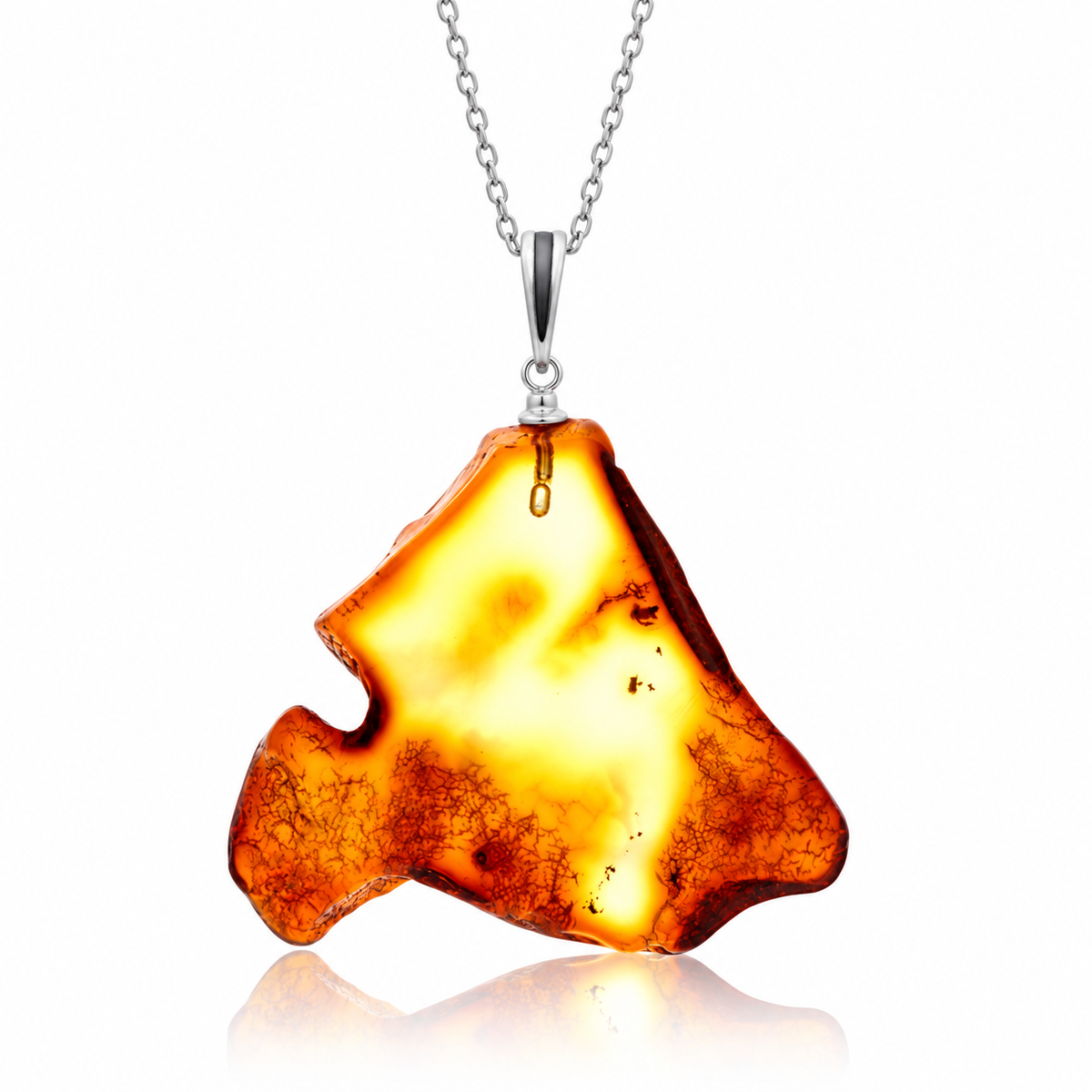 925 Sterling Silver & Genuine Cognac Baltic Amber Exlusive Unique Pendant - J-PD-53