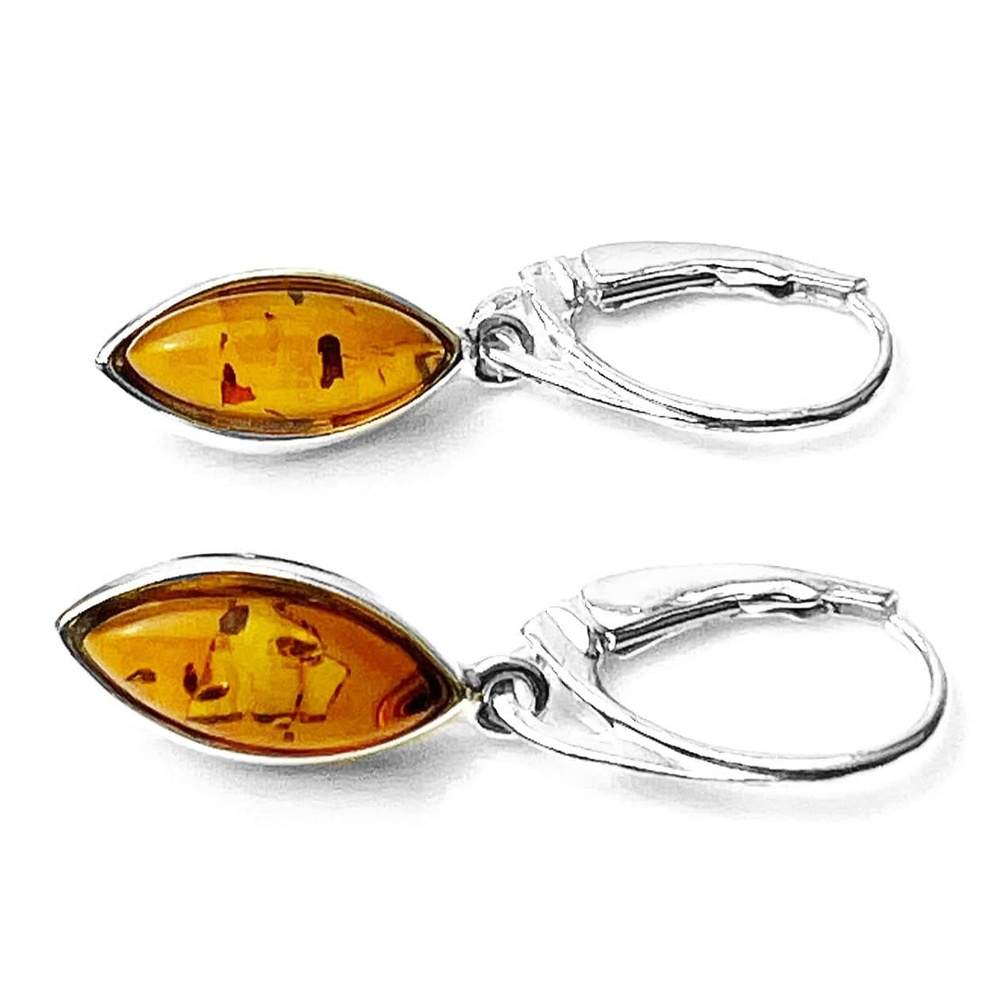 925 Sterling Silver & Genuine Baltic Amber Classic Drop Earrings - AE07