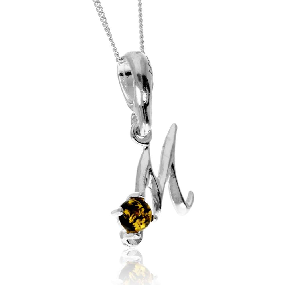 925 Sterling Silver & Genuine Baltic Amber Initials Alphabet Letters Pendant - AP