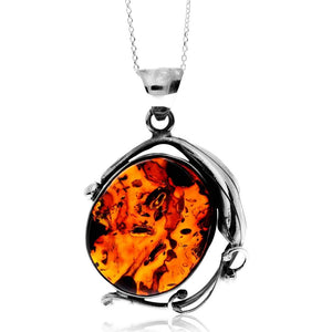925 Sterling Silver & Genuine Cognac Baltic Amber Unique Exclusive Pendant without a chain - PD0962