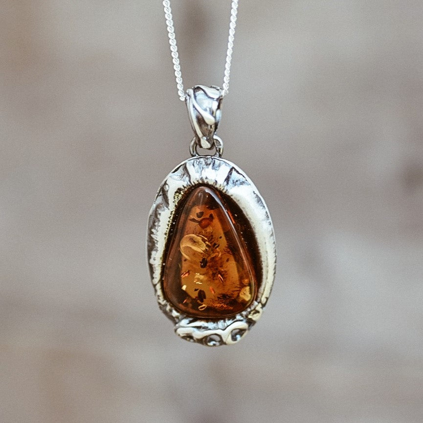 925 Sterling Silver & Genuine Cognac Baltic Amber Unique Exclusive Pendant without a chain - PD2436