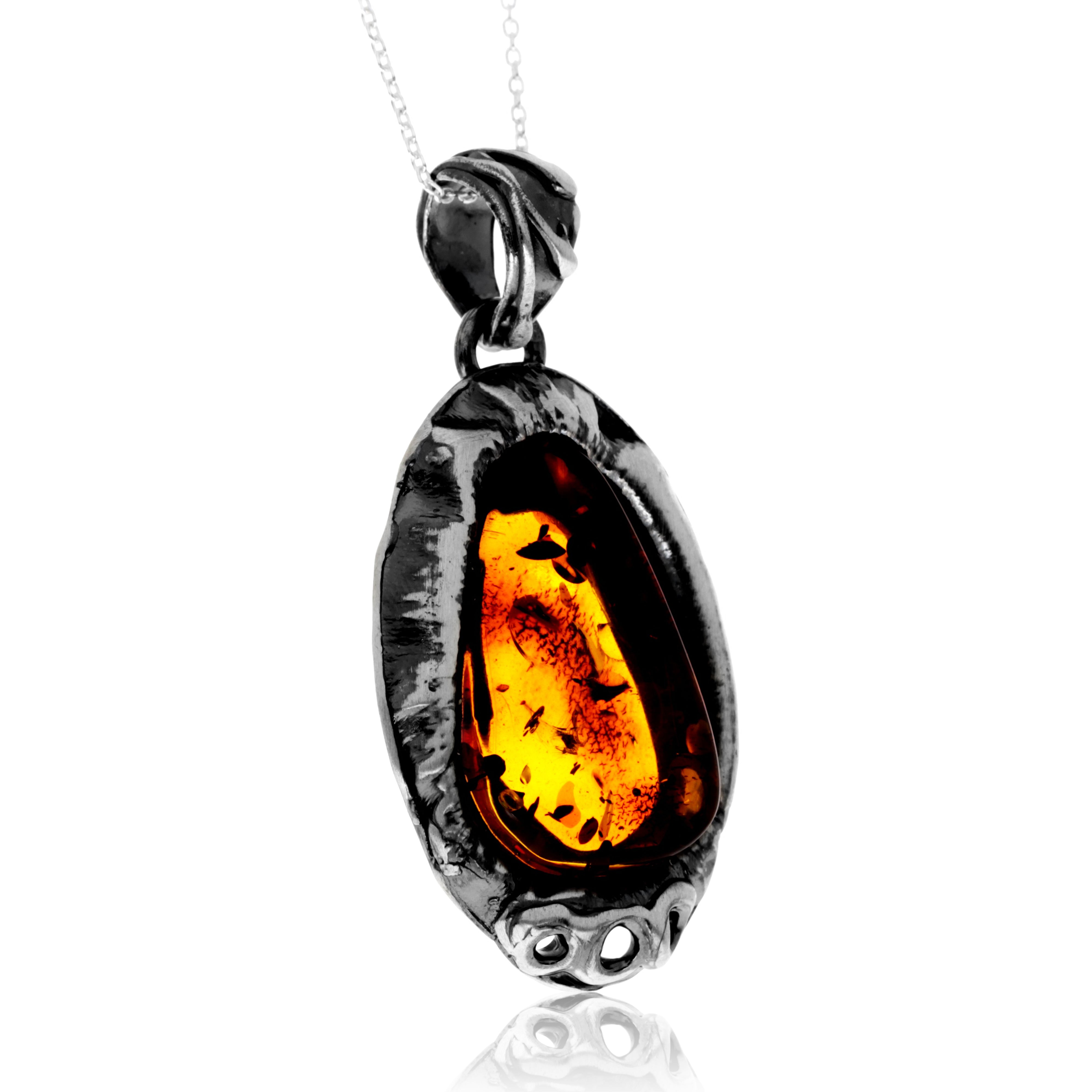 925 Sterling Silver & Genuine Cognac Baltic Amber Unique Exclusive Pendant without a chain - PD2436