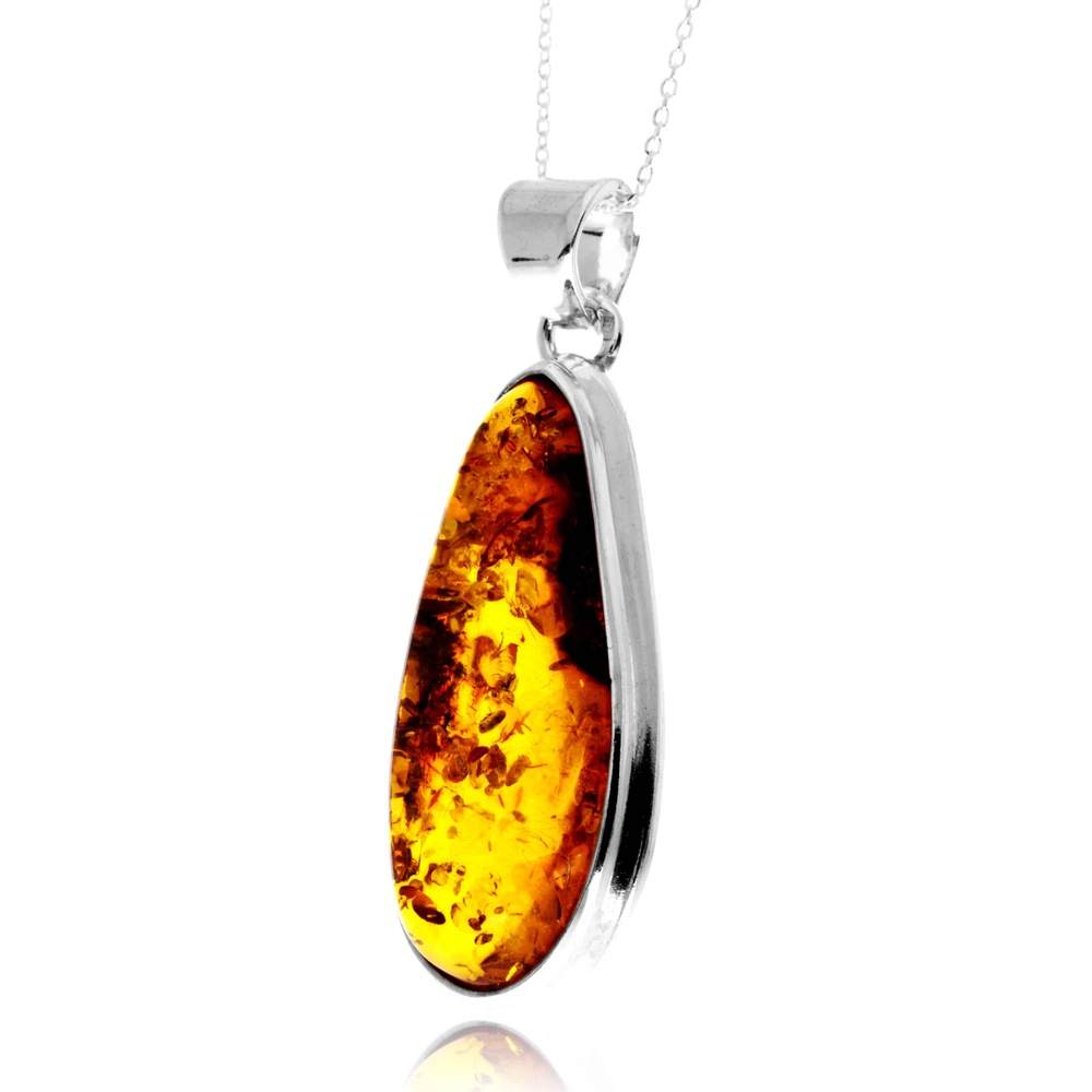 925 Sterling Silver & Genuine Cognac Baltic Amber Unique Exclusive Pendant without a chain - PD2469