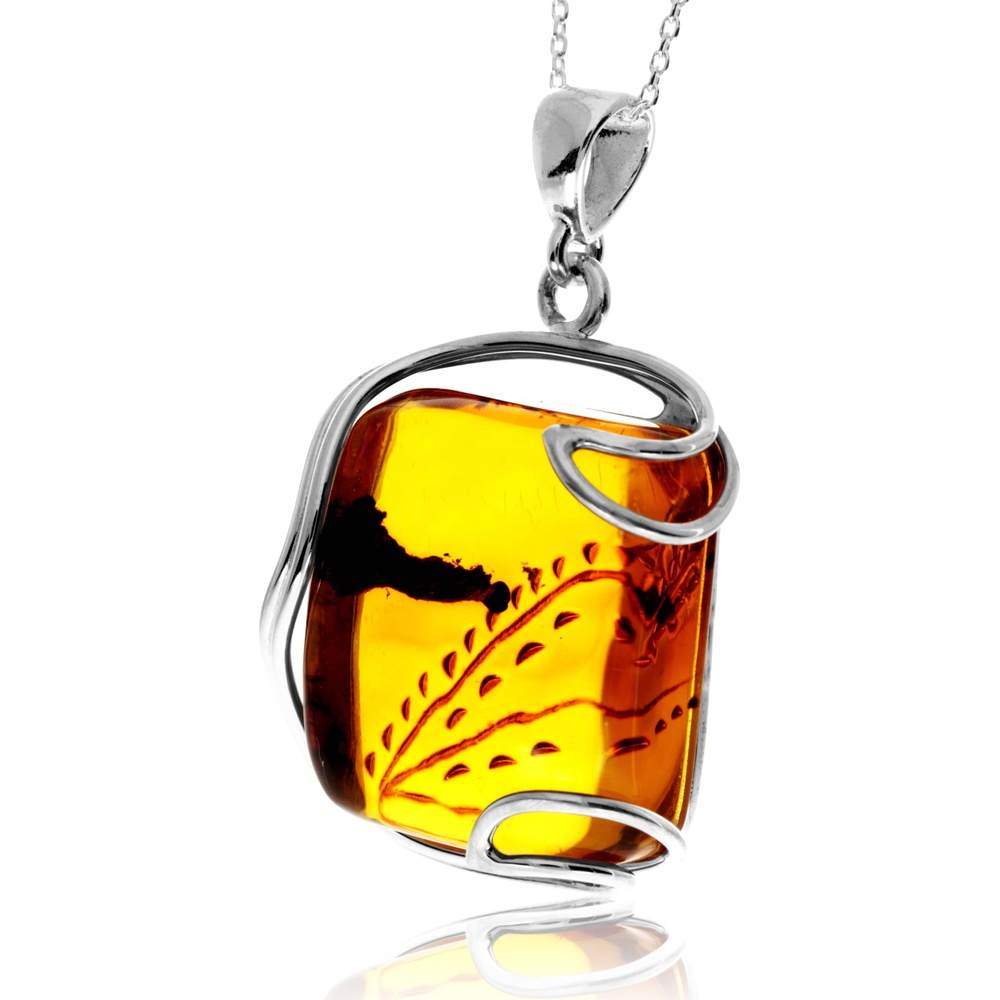 925 Sterling Silver & Genuine Cognac Baltic Amber Unique Exclusive Pendant without a chain - PD2475