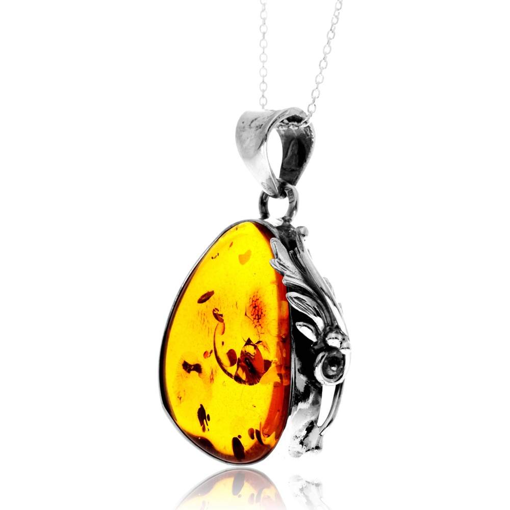 925 Sterling Silver & Genuine Cognac Baltic Amber Unique Exclusive Pendant without a chain - PD2476
