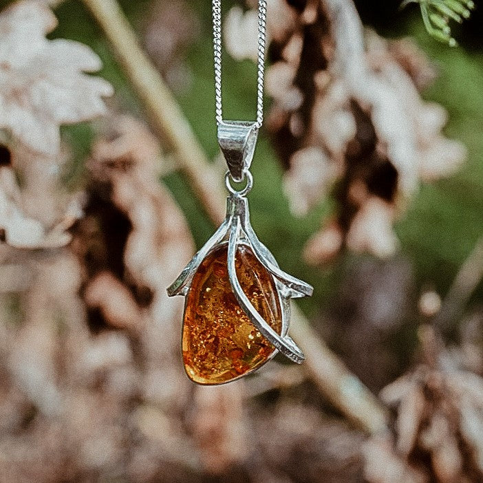 925 Sterling Silver & Genuine Cognac Baltic Amber Unique Exclusive Pendant without a chain - PD2488