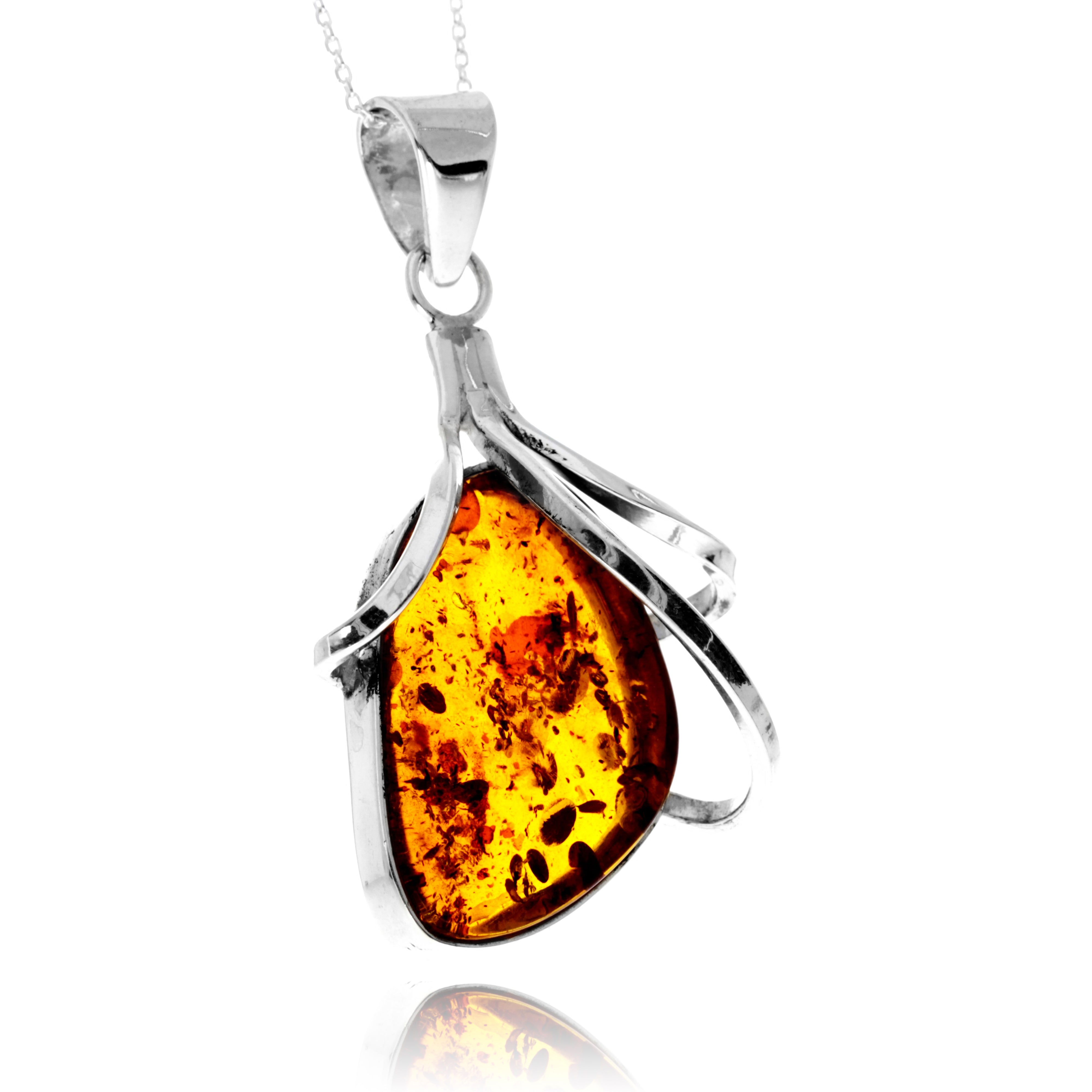925 Sterling Silver & Genuine Cognac Baltic Amber Unique Exclusive Pendant without a chain - PD2488