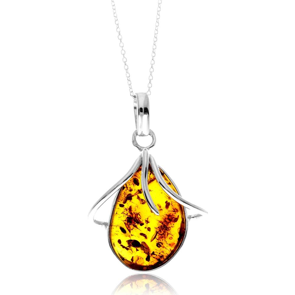 925 Sterling Silver & Genuine Cognac Baltic Amber Unique Exclusive Pendant without a chain - PD2490