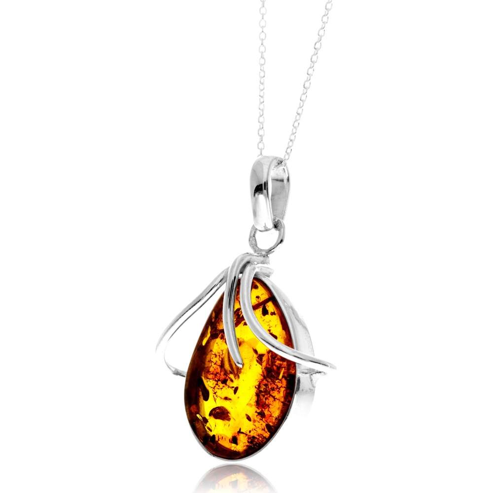 925 Sterling Silver & Genuine Cognac Baltic Amber Unique Exclusive Pendant without a chain - PD2490