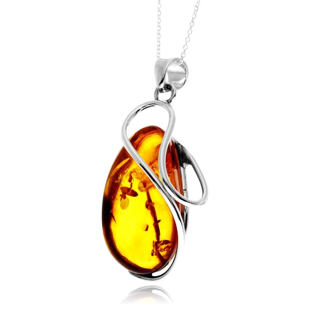 925 Sterling Silver & Genuine Cognac Baltic Amber Unique Exclusive Pendant without a chain - PD2495