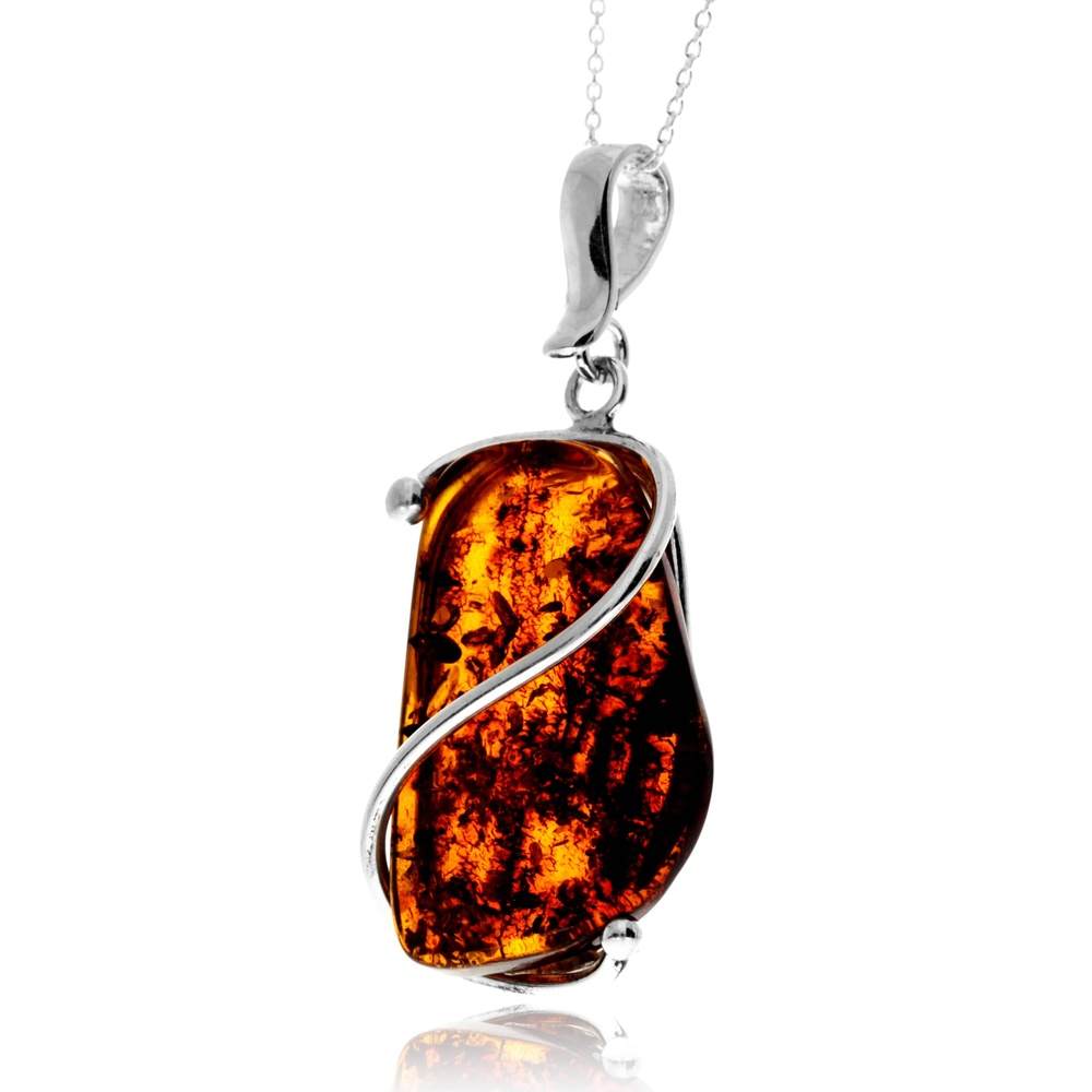 925 Sterling Silver & Genuine Cognac Baltic Amber Unique Exclusive Pendant without a chain - PD2499