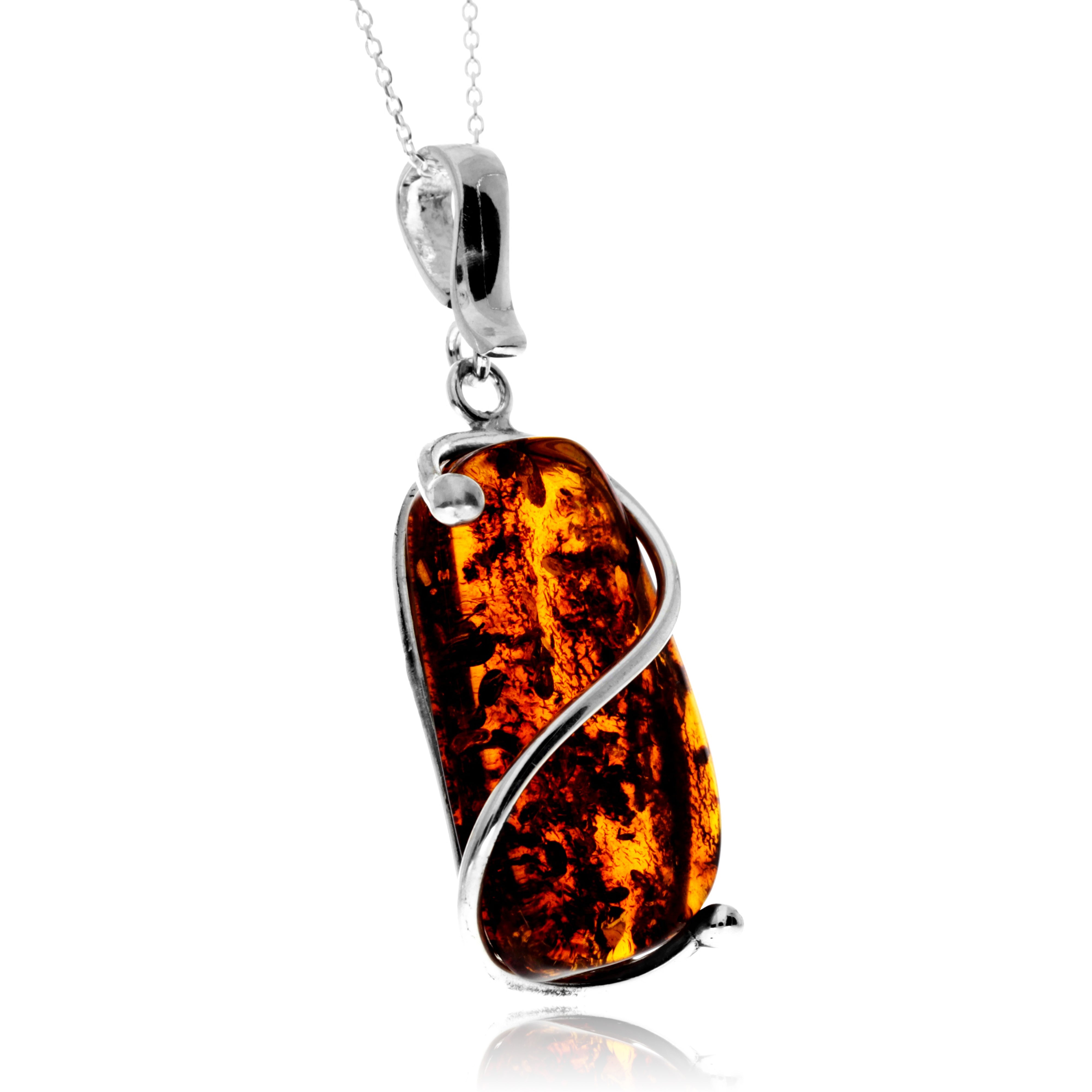 925 Sterling Silver & Genuine Cognac Baltic Amber Unique Exclusive Pendant without a chain - PD2499