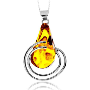 925 Sterling Silver & Genuine Cognac Baltic Amber Unique Exclusive Pendant without a chain - PD2512