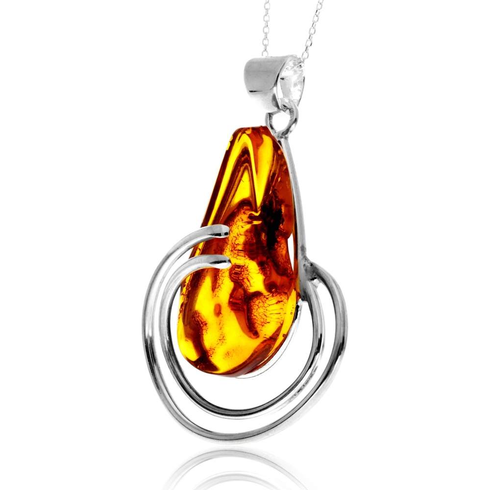 925 Sterling Silver & Genuine Cognac Baltic Amber Unique Exclusive Pendant without a chain - PD2512
