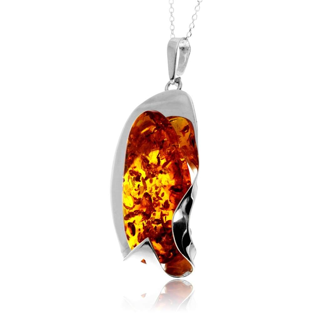 925 Sterling Silver & Genuine Cognac Baltic Amber Unique Exclusive Pendant without a chain - PD2544