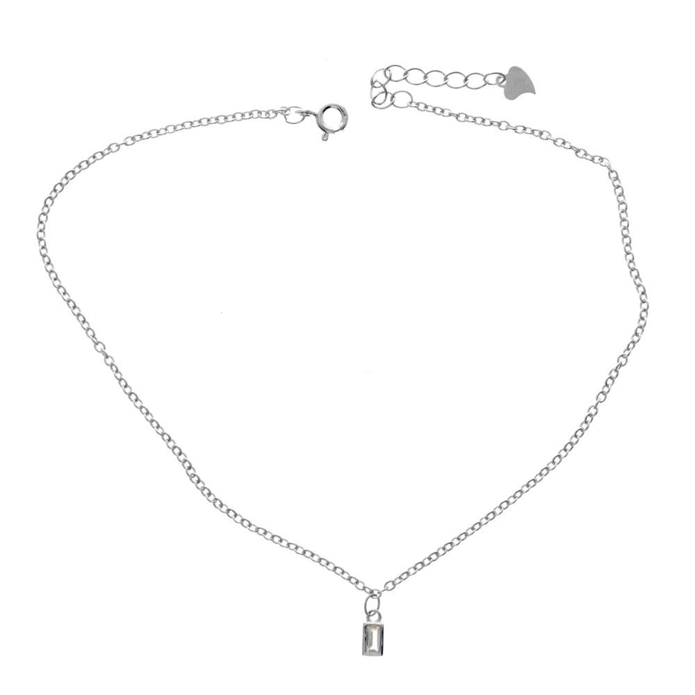 925 Sterling Silver Rhodium Plated Plain Anklet Bracelet with Rectangular Crystal - CH-N14-LO-A