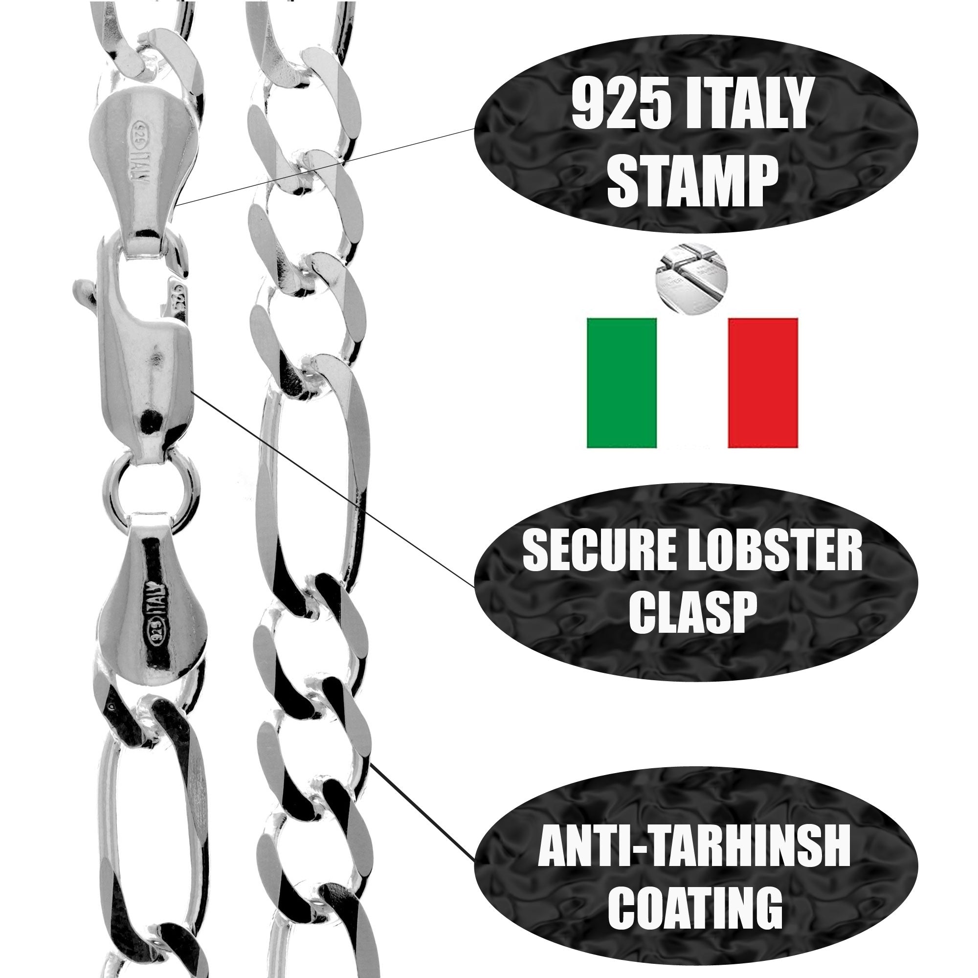 Made in Italy - 925 Sterling Silver Thick 5.4 MM Figaro Chain with an anti-tarnish coating - GA-GMN5