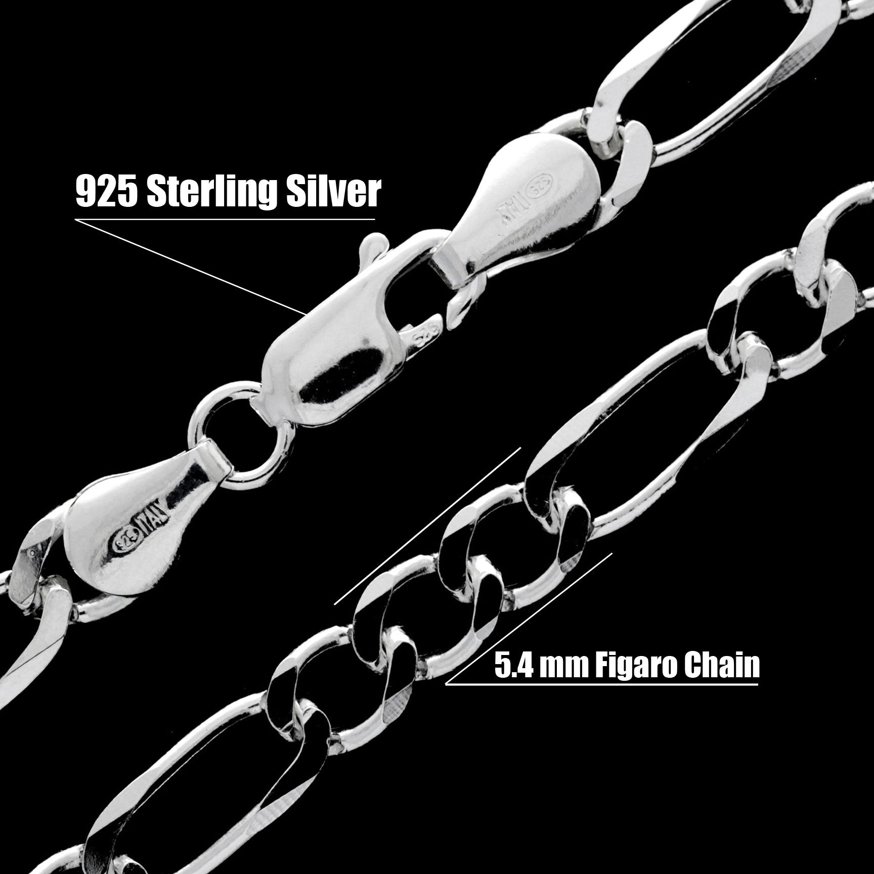Made in Italy - 925 Sterling Silver Thick 5.4 MM Figaro Chain with an anti-tarnish coating - GA-GMN5