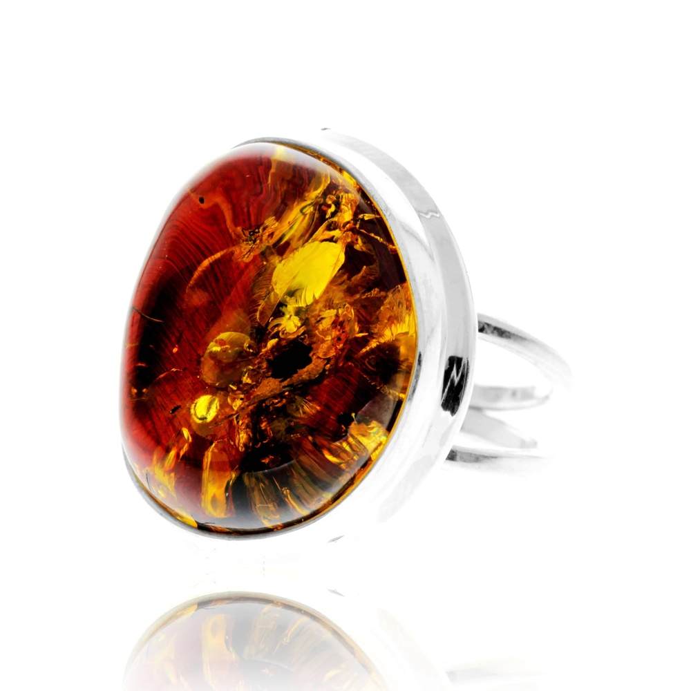925 Sterling Silver & Genuine Green Baltic Amber Unique Exclusive Adjustable Size Ring - RG0781