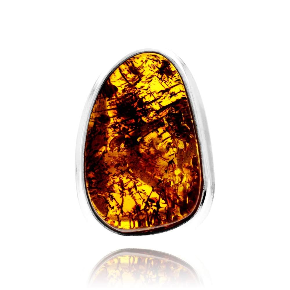 925 Sterling Silver & Genuine Cognac Baltic Amber Unique Exclusive Adjustable Size Ring - RG0783