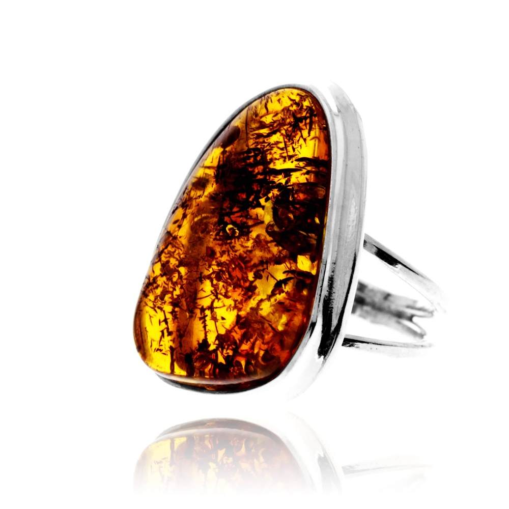 925 Sterling Silver & Genuine Cognac Baltic Amber Unique Exclusive Adjustable Size Ring - RG0783