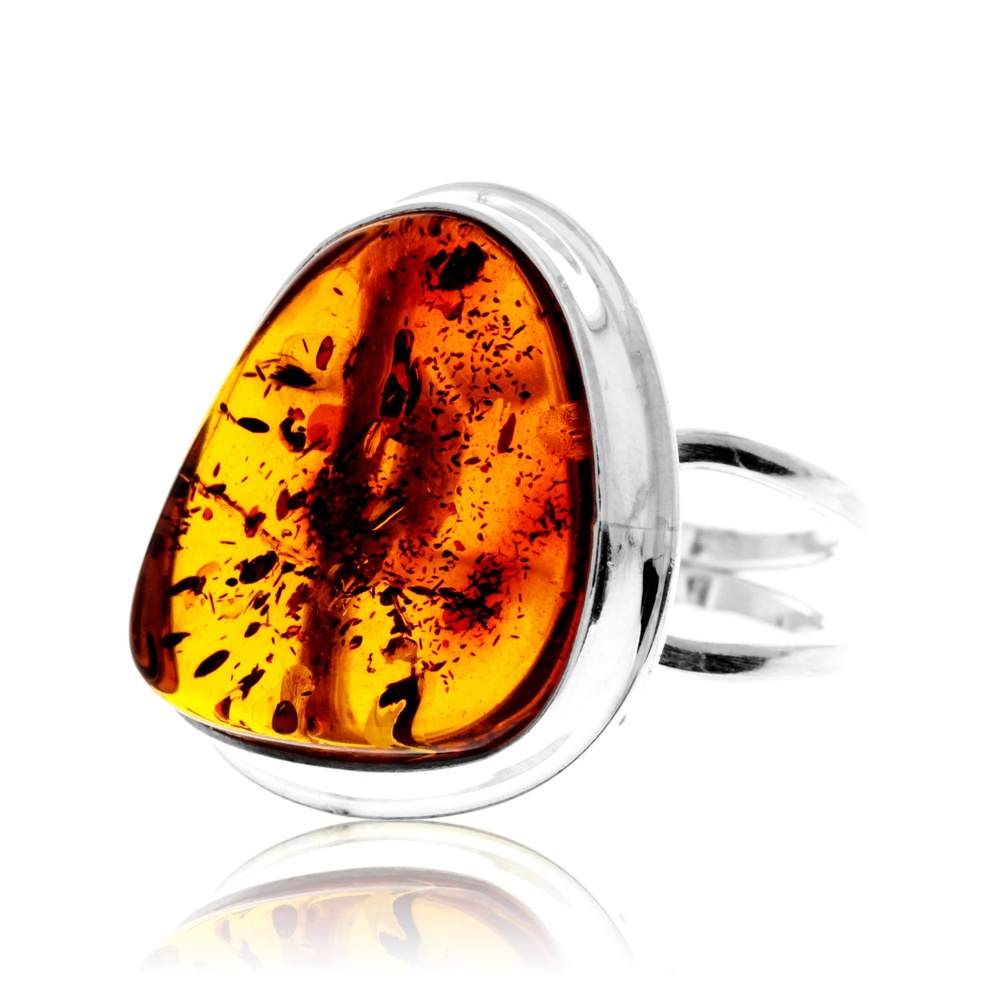 925 Sterling Silver & Genuine Cognac Baltic Amber Unique Exclusive Adjustable Size Ring - RG0786