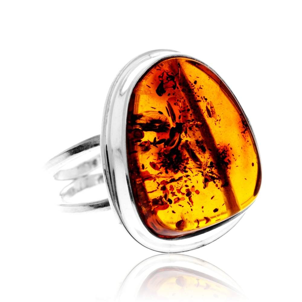 925 Sterling Silver & Genuine Cognac Baltic Amber Unique Exclusive Adjustable Size Ring - RG0786