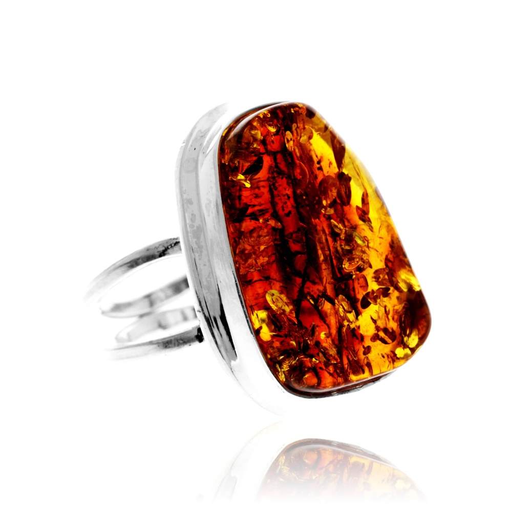 925 Sterling Silver & Genuine Cognac Baltic Amber Unique Exclusive Adjustable Size Ring - RG0788