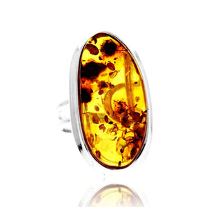 925 Sterling Silver & Genuine Cognac Baltic Amber Unique Exclusive Adjustable Size Ring - RG0790