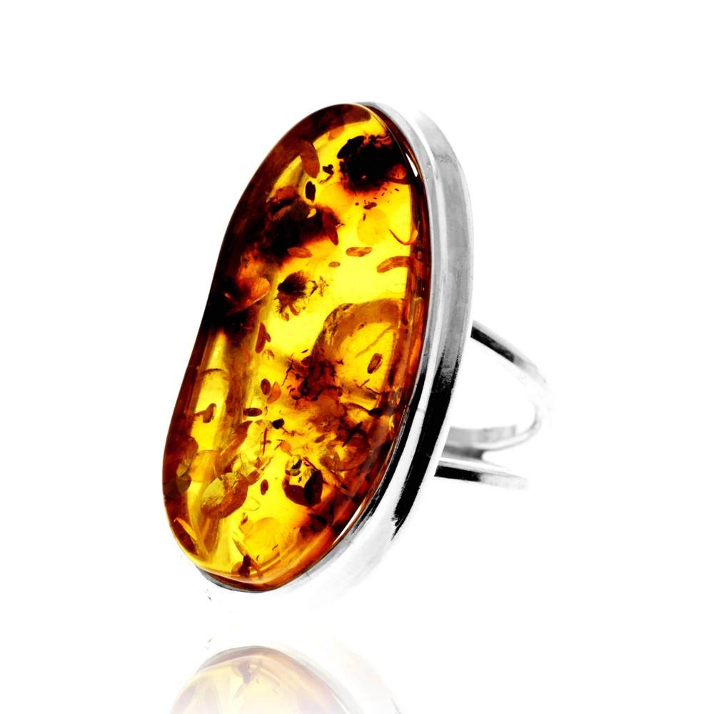 925 Sterling Silver & Genuine Cognac Baltic Amber Unique Exclusive Adjustable Size Ring - RG0790