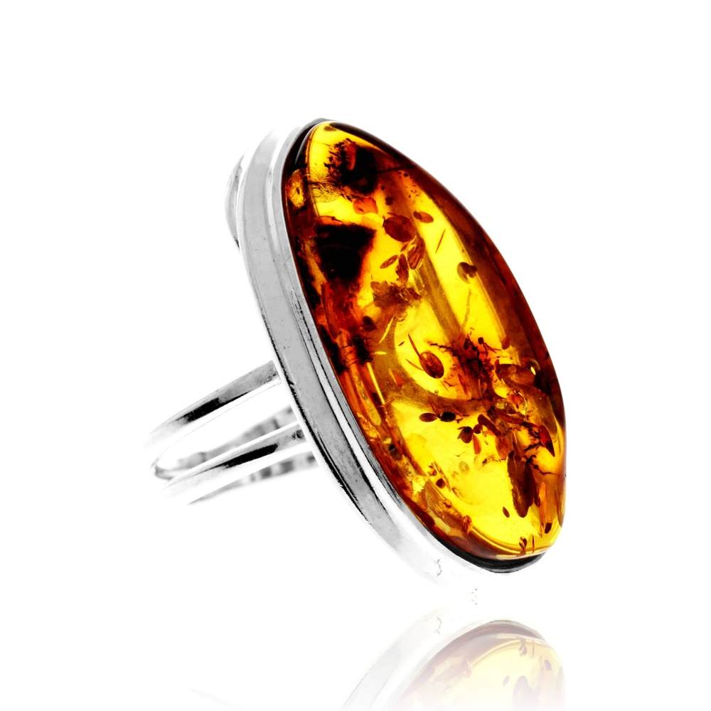 925 Sterling Silver & Genuine Cognac Baltic Amber Unique Exclusive Adjustable Size Ring - RG0790