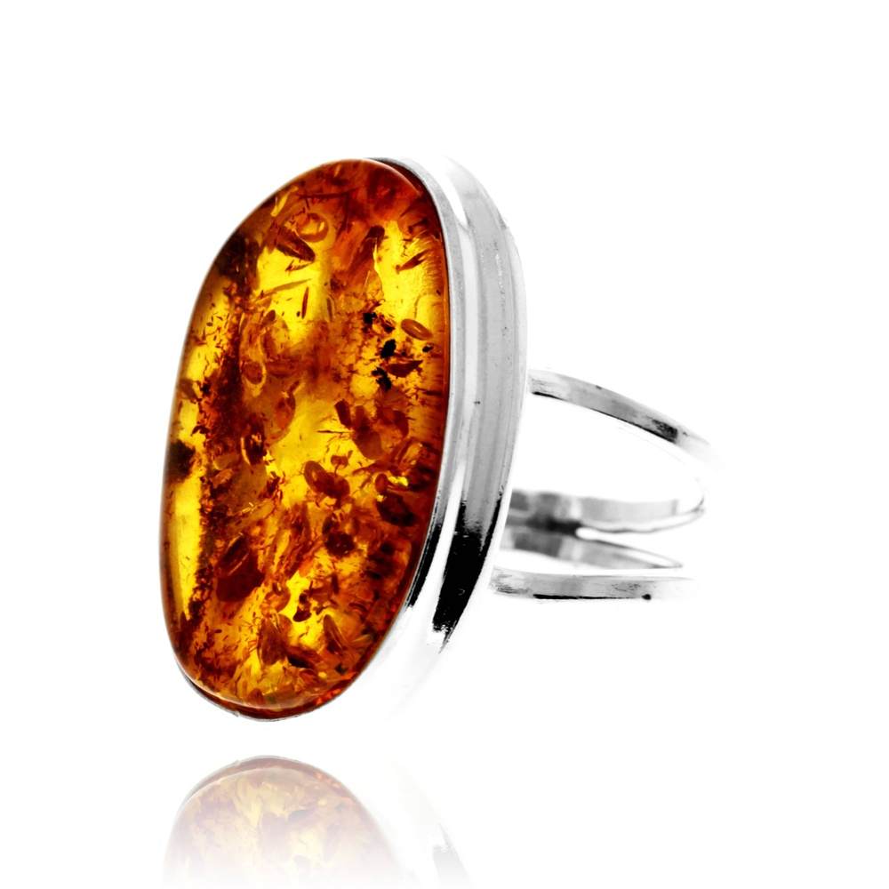 925 Sterling Silver & Genuine Cognac Baltic Amber Unique Exclusive Adjustable Size Ring - RG0793