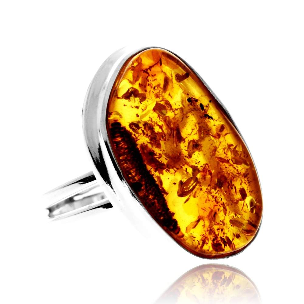 925 Sterling Silver & Genuine Cognac Baltic Amber Unique Exclusive Adjustable Size Ring - RG0793