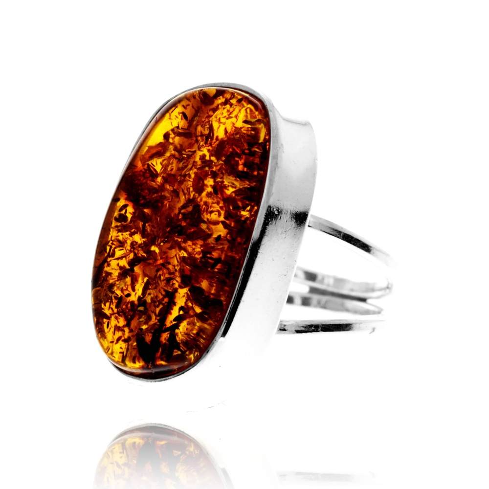 925 Sterling Silver & Genuine Cognac Baltic Amber Unique Exclusive Adjustable Size Ring - RG0794
