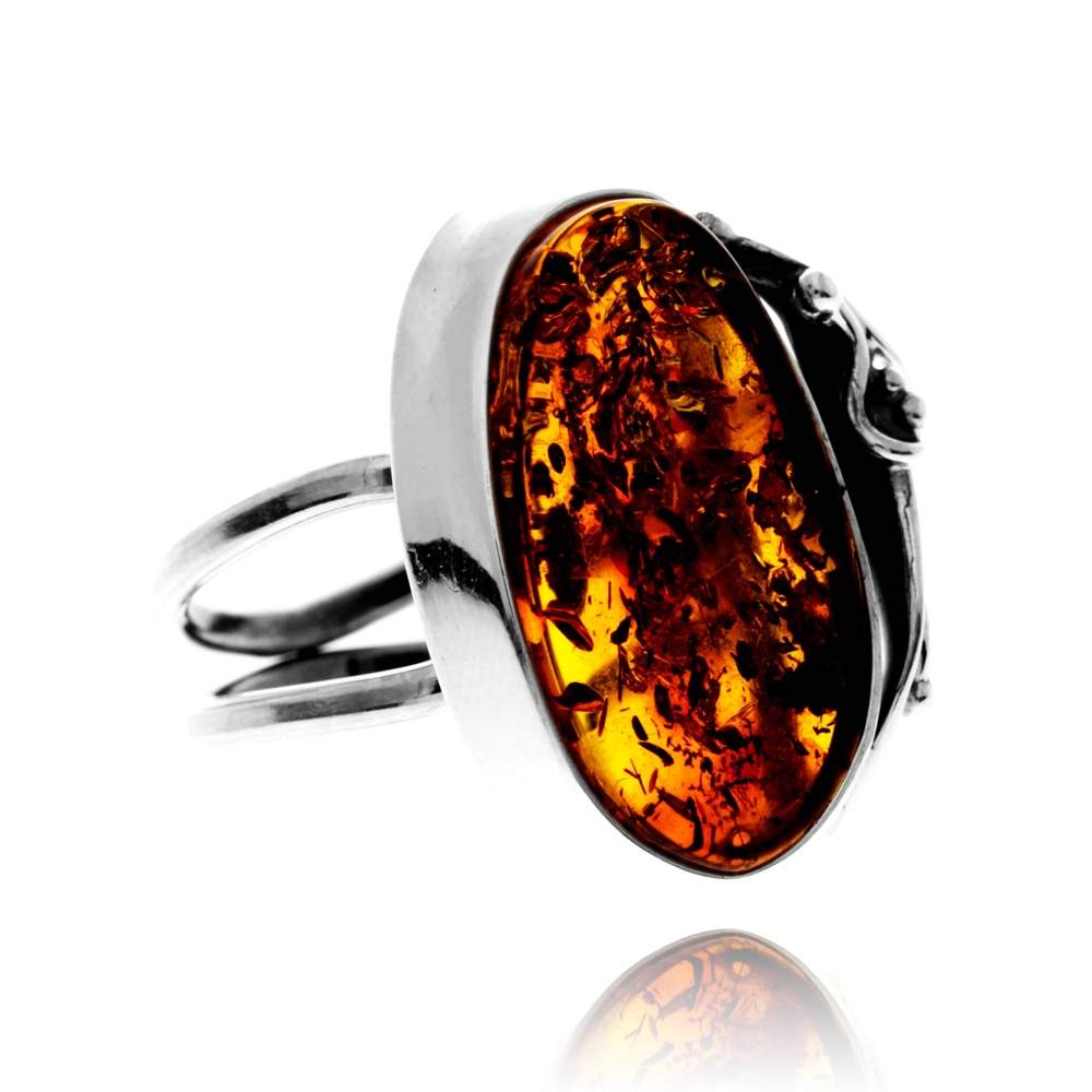 925 Sterling Silver & Genuine Cognac Baltic Amber Unique Exclusive Adjustable Size Ring - RG0800