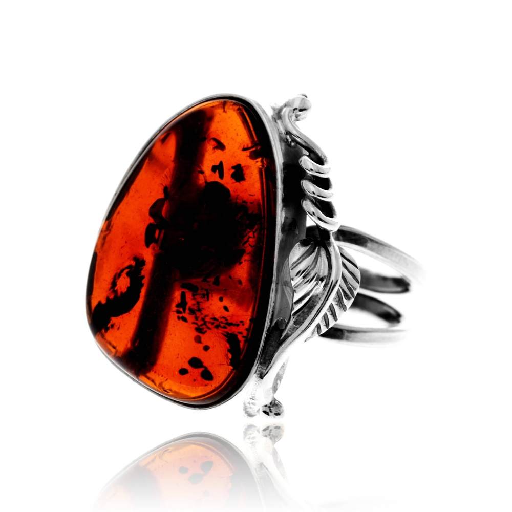 925 Sterling Silver & Genuine Cognac Baltic Amber Unique Exclusive Adjustable Size Ring - RG0804