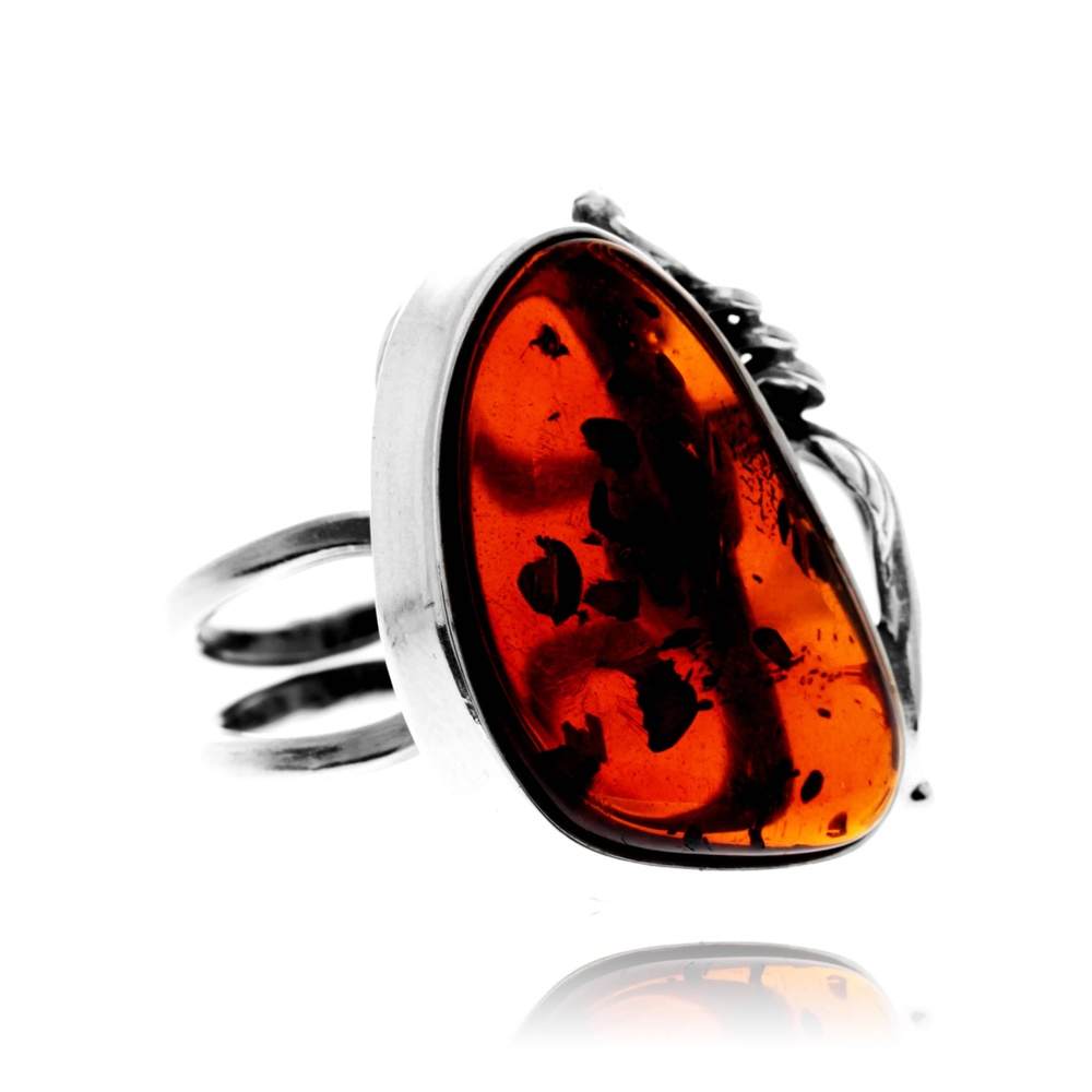 925 Sterling Silver & Genuine Cognac Baltic Amber Unique Exclusive Adjustable Size Ring - RG0804