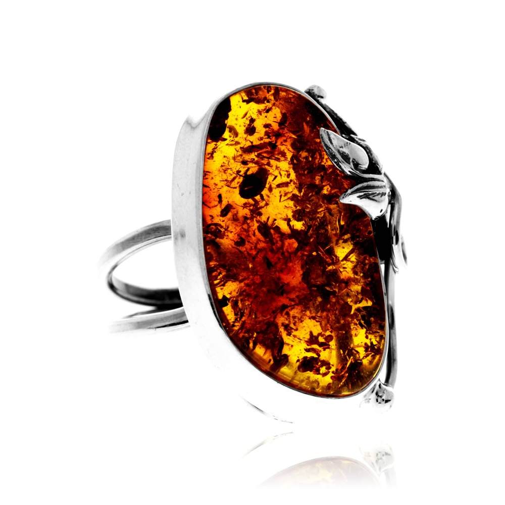 925 Sterling Silver & Genuine Cognac Baltic Amber Unique Exclusive Adjustable Size Ring - RG0806