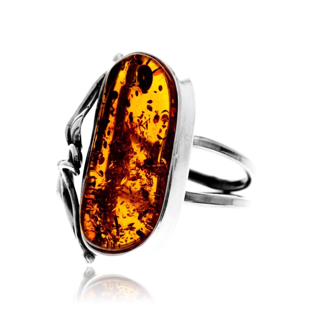 925 Sterling Silver & Genuine Cognac Baltic Amber Unique Exclusive Adjustable Size Ring - RG0808