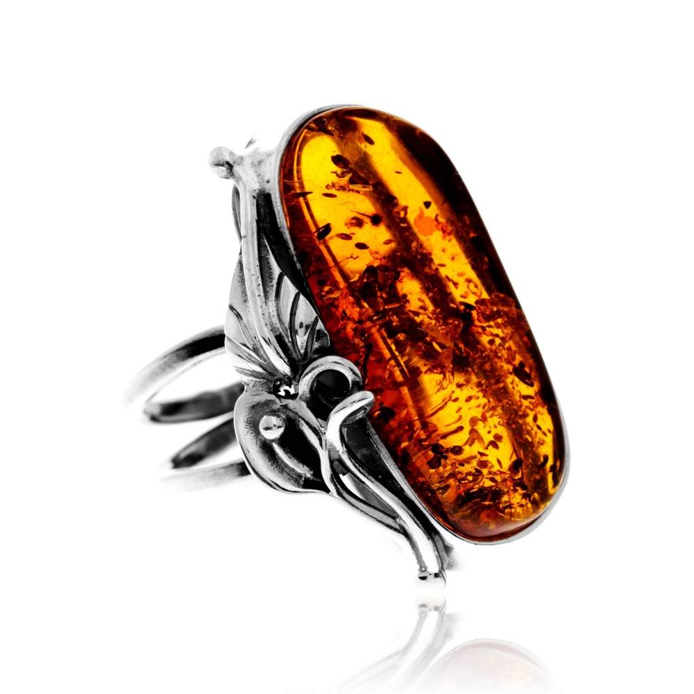 925 Sterling Silver & Genuine Cognac Baltic Amber Unique Exclusive Adjustable Size Ring - RG0808