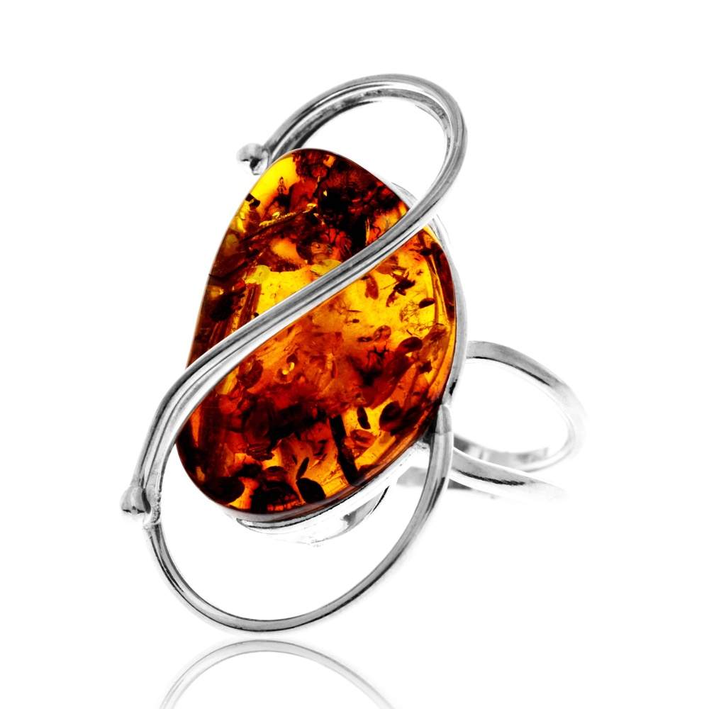 925 Sterling Silver & Genuine Cognac Baltic Amber Unique Exclusive Adjustable Size Ring - RG0823