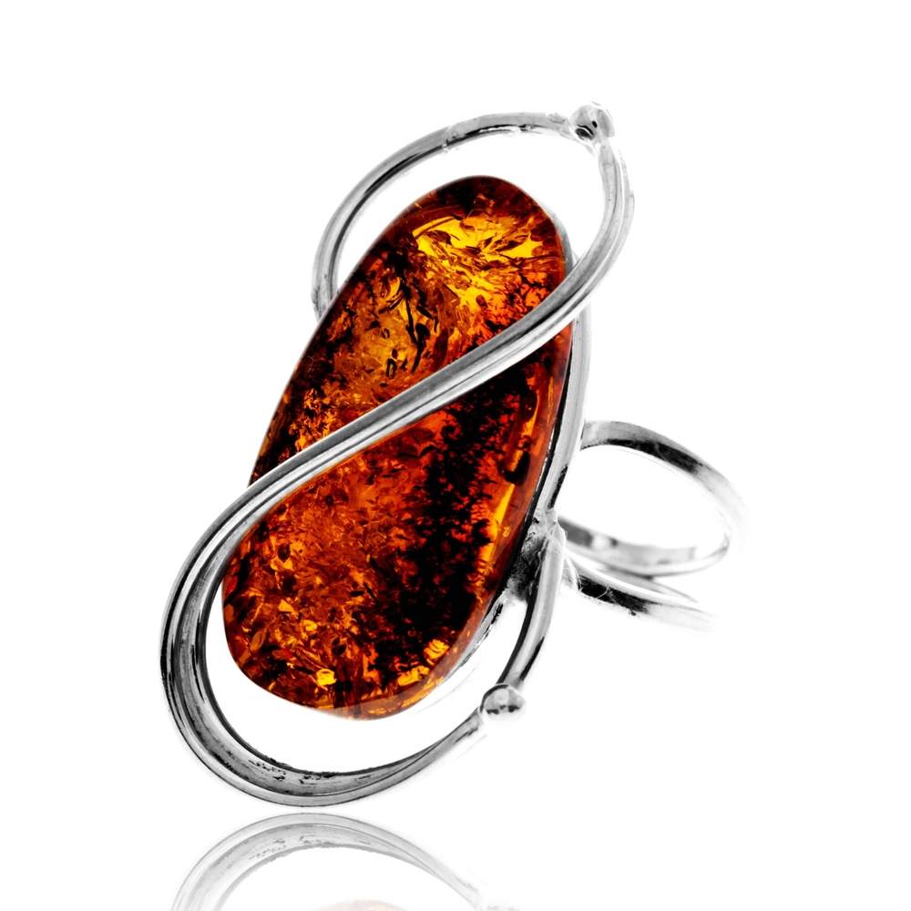 925 Sterling Silver & Genuine Cognac Baltic Amber Unique Exclusive Adjustable Size Ring - RG0833