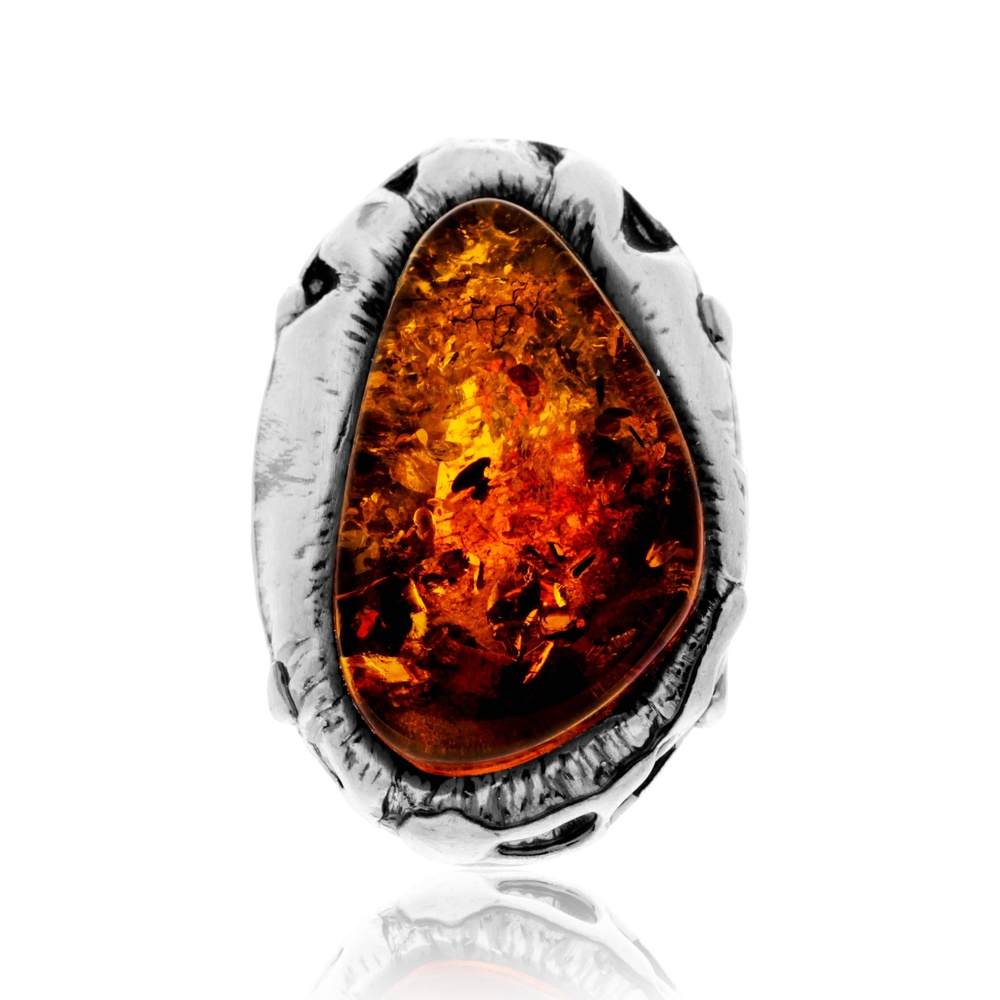 925 Sterling Silver & Genuine Cognac Baltic Amber Unique Exclusive Adjustable Size Ring - RG0842