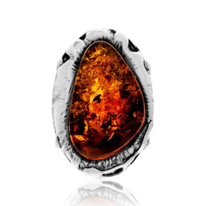 925 Sterling Silver & Genuine Cognac Baltic Amber Unique Exclusive Adjustable Size Ring - RG0842