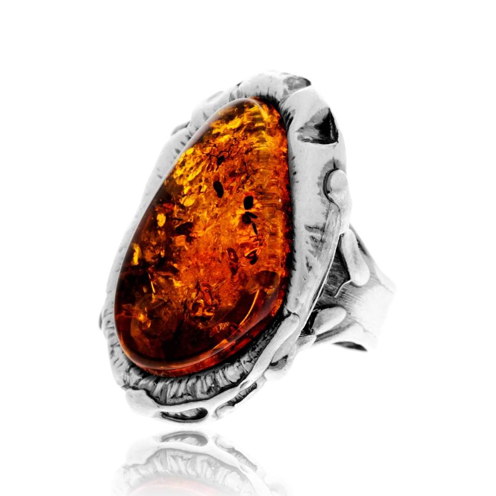 925 Sterling Silver & Genuine Cognac Baltic Amber Unique Exclusive Adjustable Size Ring - RG0842