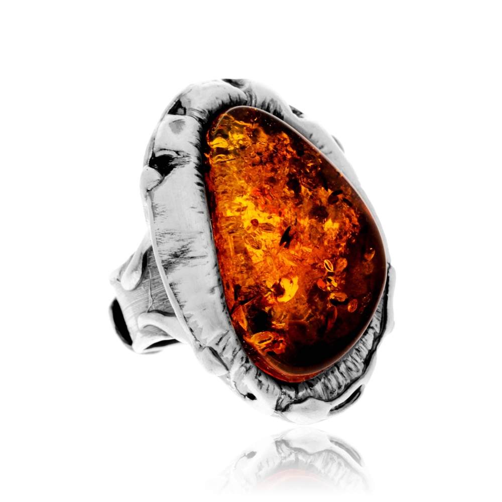 925 Sterling Silver & Genuine Cognac Baltic Amber Unique Exclusive Adjustable Size Ring - RG0842